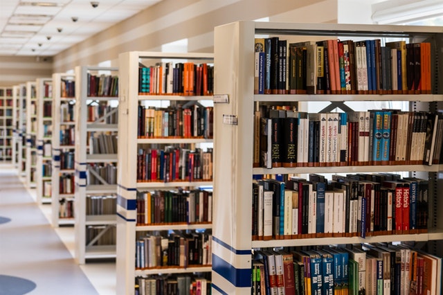 Scaffali colmi di libri in una biblioteca.